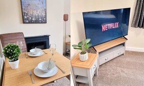 Relax after a busy day in our cosy lounge/dining area. Flat screen smart tv with all streaming apps like Nextflix. Free Wi-fi in all rooms.  Comes with a dining table and comfy sofa that can be made into a bed upon request. 