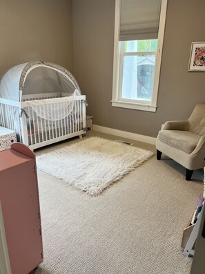 We can have a crib or switch it out for a twin daybed with a trundle bed. 