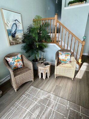 Additional seating and stairs to kitchen.
