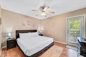 You can easily step out onto the balcony from the access door in the bedroom.