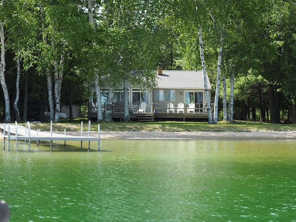 OVERALL:  Beautiful Big Platte Lake with the cottage, private lakefront, and private dock in the background.