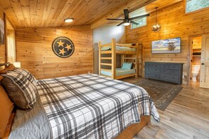 Indoors,Hardwood,Stained Wood,Ceiling Fan,Crib