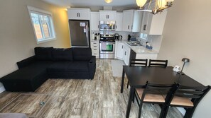Full size fridge and stove.