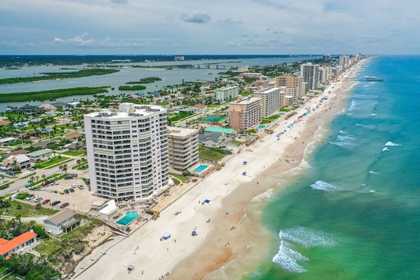 Birds Eye view of the building and the beach 