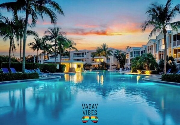 Beautiful Mariners Club Oasis Pool at dusk.