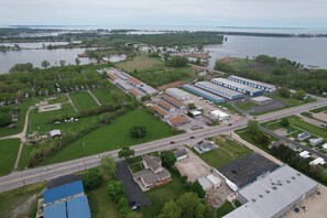 Overhead drone shot showing lake