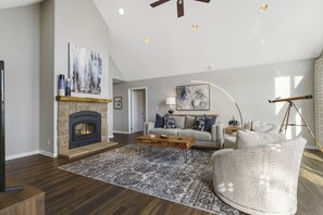Cozy Great Room on main level with lake views.