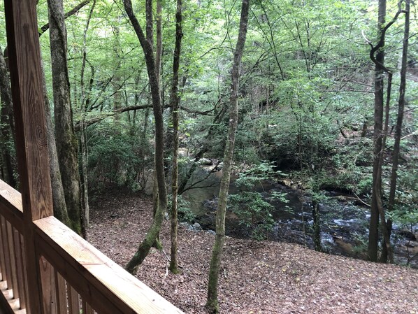 Rolling creek surrounds the cabin on 3 sides