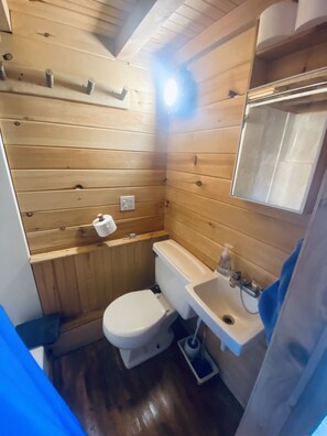 Full bathroom with extra large shower.