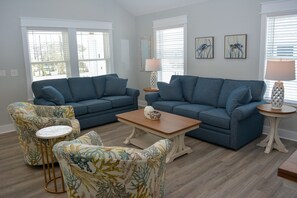 Seating for 6 with 2 sofa's and 2 swivel Chairs. 