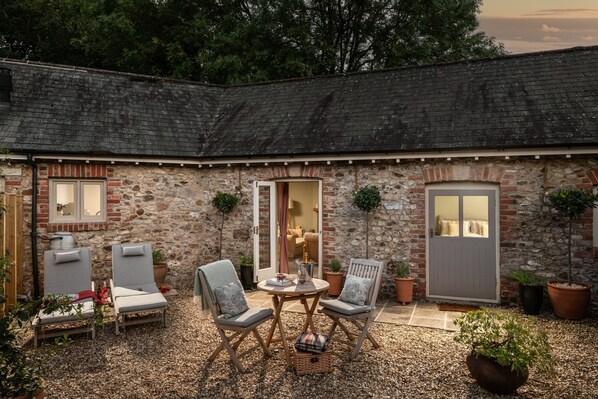 Pretty courtyard garden by evening