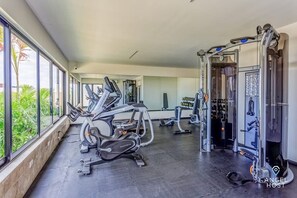 A modern fitness center available to guests