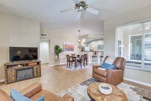 Living Room | Single-Story Home | Central A/C | Full Sleeper Sofa | Smart TV