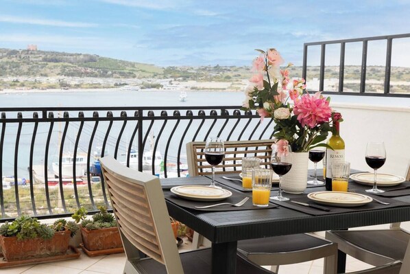The 30 sq.m terrace overlooking the bay 