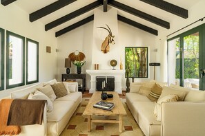 Bright lounge with working fire place