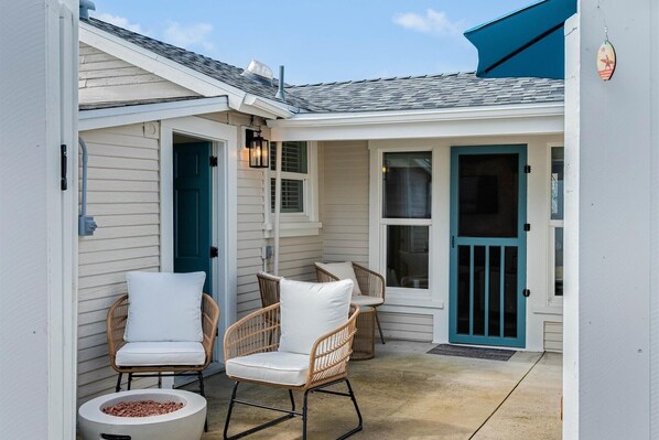 Outside patio with fireplace