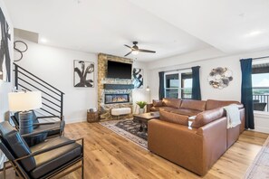 Open living space with electric fireplace
