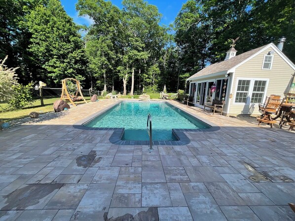 Salt water pool with pool house