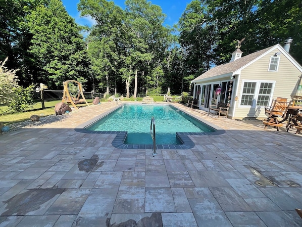 Salt water pool with pool house