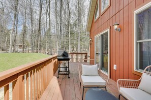 Private Deck | Gas Grill (Propane Provided) | Secluded Location | Forested Views