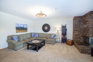 Large L Shaped Couch to sink into while enjoying the Fire Place
