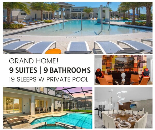Stay at our 9-bedroom, 9-bathroom home with private pool and BBQ grill!