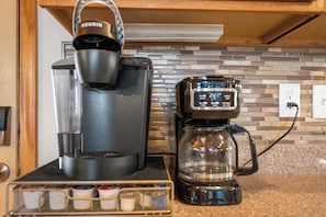 Start the morning off right! Several coffee options for you and your guests to enjoy. Make a pot for the whole group or sneak back into the bedroom or deck with a quick k-cup for yourself; the choice is yours.