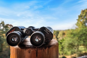 Get a closer look at nature! 🌲 Our cabin comes equipped with binocular—perfect for spotting wildlife or taking in the breathtaking views of the woods. Adventure is just a glance away!