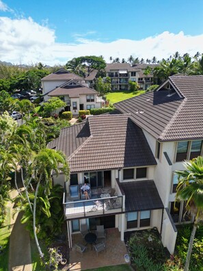 Ariel shot of  lanai with ocean and pool views.