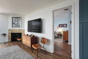 Living room with view of master bedroom