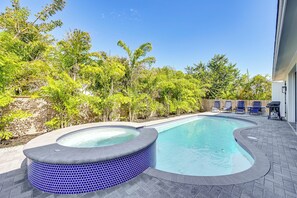 Patio | Pool & Hot Tub Area | Gas Grill