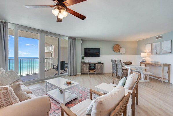 Living room with sliding glass doors.