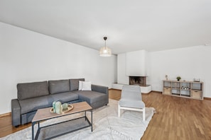 Our cozy living room where couch is convertible into sofa bed