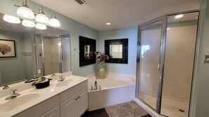Master bathroom with a walk in shower and tub.