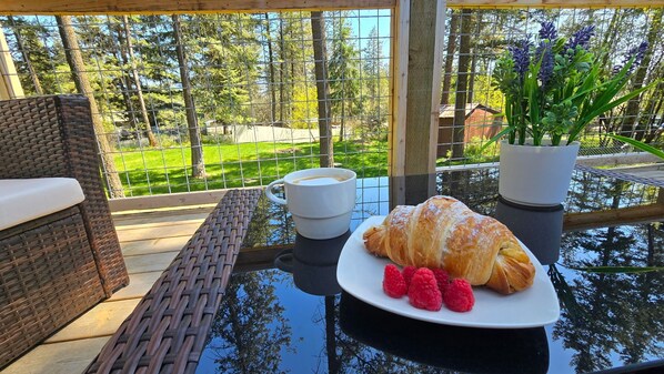 Enjoy the cool Montana mornings with your coffee on the back deck 