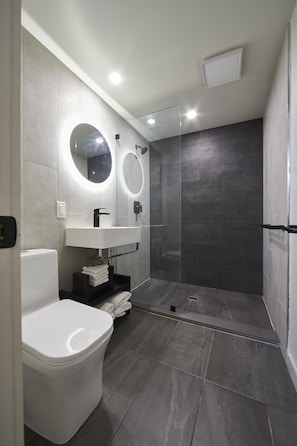 The North Bird Suite washroom features a glass shower and fully tiled space.