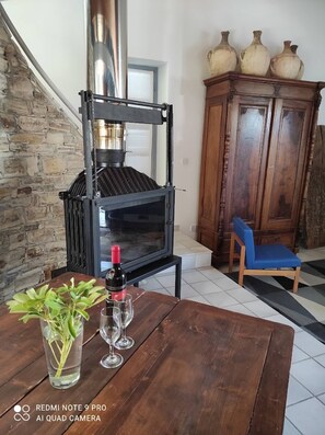Fireplace at living-dining-kitchen area