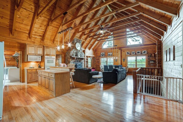 An inviting open-concept space with wooden interiors.