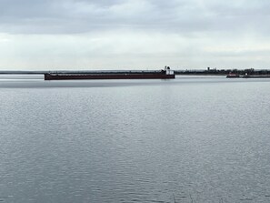 Ore boat heading under the Aerial Lift Bridge.