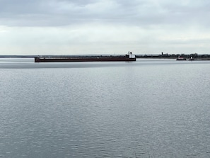 Ore boat heading under the Aerial Lift Bridge.