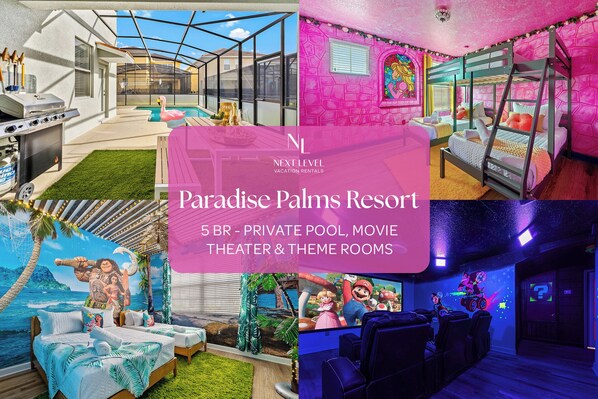 5-bedrooms home with Mario Kart fun, Moana vibes, private pool, theater & more
