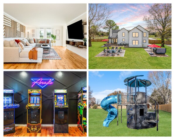 Almost 1 acre in Broken Arrow, this backyard boasts a full-size pickle ball court, large hot tub, fire pit, playset and large back patio. Inside 6 arcade machines, pool table, 15+ board games.