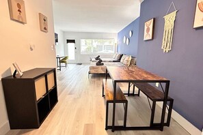 Open concept studio with dining table