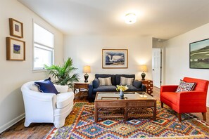 The newly-designed apartment has 1 bedroom, 1 full bath and sleeps 4 guests.