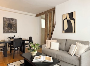 Contemporary living room design with plush furnishings and modern decor