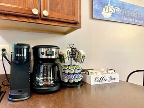 Drip and Keurig coffee makers, selection of tea, decaf and regular pods