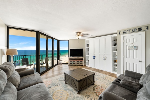 Ocean Front Living Area with Sleeper Sofa, Flat Screen TV, Bunk Area and Private Balcony Access