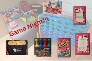 Game Night! Giant sized games for endless hours of in-home entertainment! Uno! Sorry! Connect 4! Jenga! And More!!!