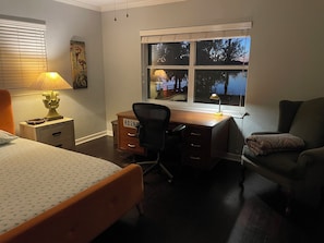 Lake view bedroom (queen bed, large desk, reading chair)