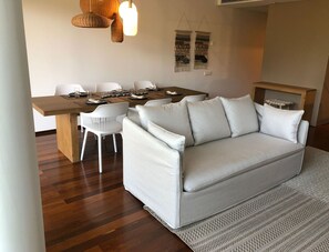 Sophisticated dining room integrated with the living area